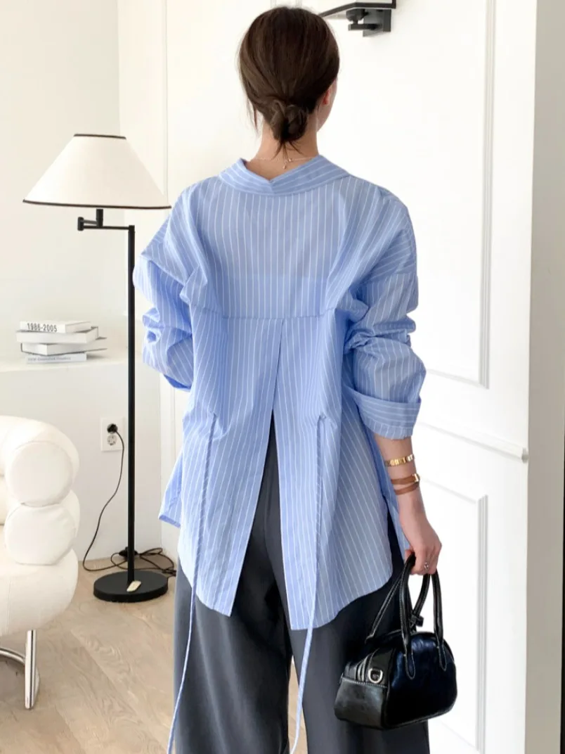 Chic Casual Striped irt Coat Loose Long Sve Women's Faion Ba Split Belted Design Autumn New Sle Commute Pure E-com...