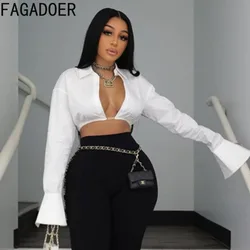 FAGADOER White Fashion Deep V Hollow Out Crop Shirts For Women Turndown Collar Flare Long Sleeve Slim Top Sexy Female Streetwear