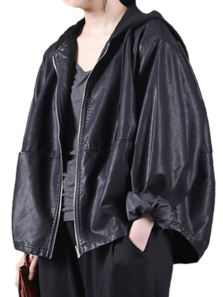 2024 Fall European Designer Womens Black Hooded Faux Leather Jackets Ladies Classic Leisure Pu Biker Coat Loose Vintage Clothing