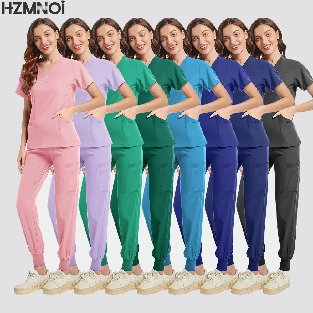 

Medical Scrub Set Nurse Surgical Uniform Woman Beauty Workwear Stretch Clinical Scrubs Top+Jogging Pants Doctor Vet Nursing Suit