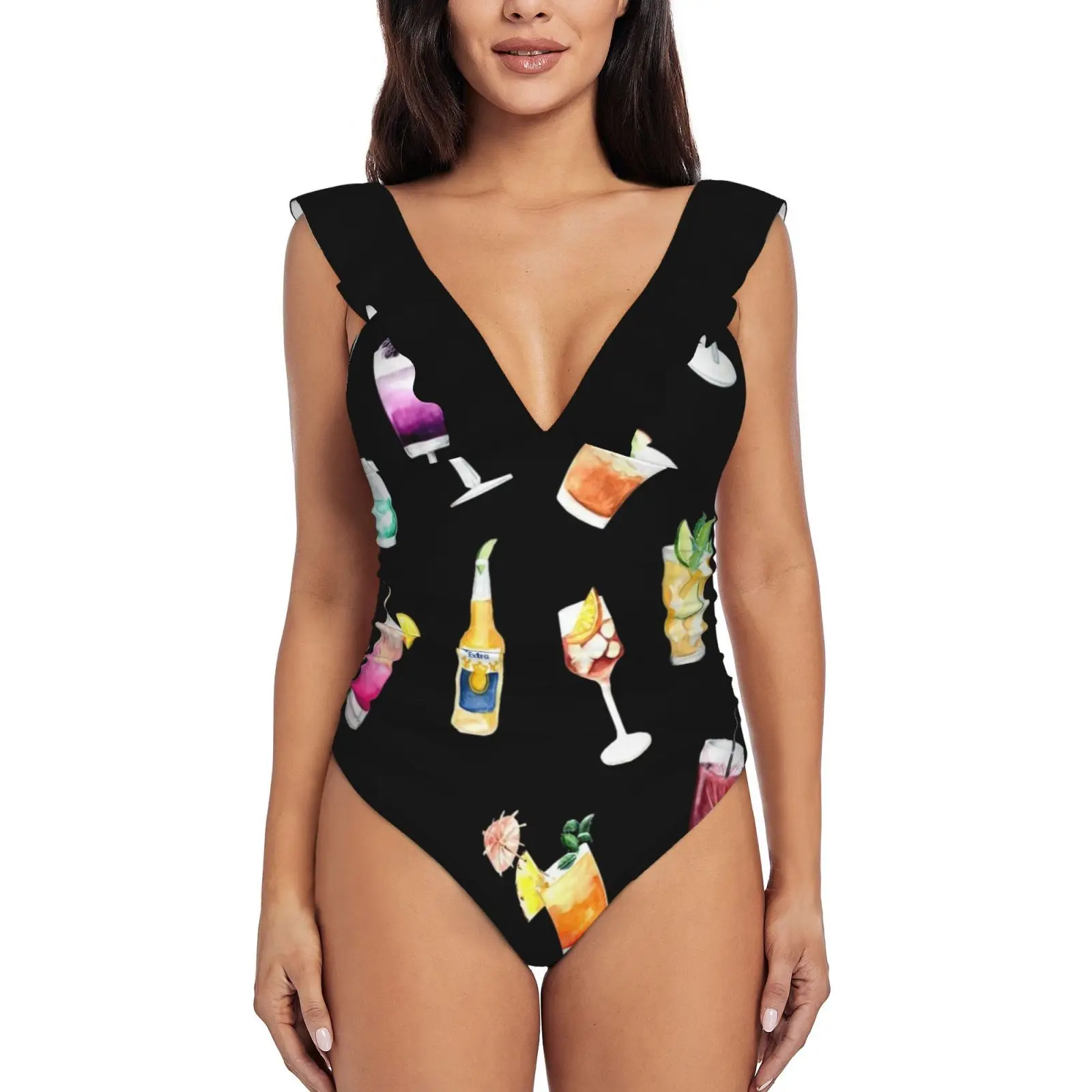 Beer Cocktails Lover Sexy Ruffle Print Swimwear Women One Piece Swimsuit Female Monokini Bathing Suit Cocktail Wine Lover