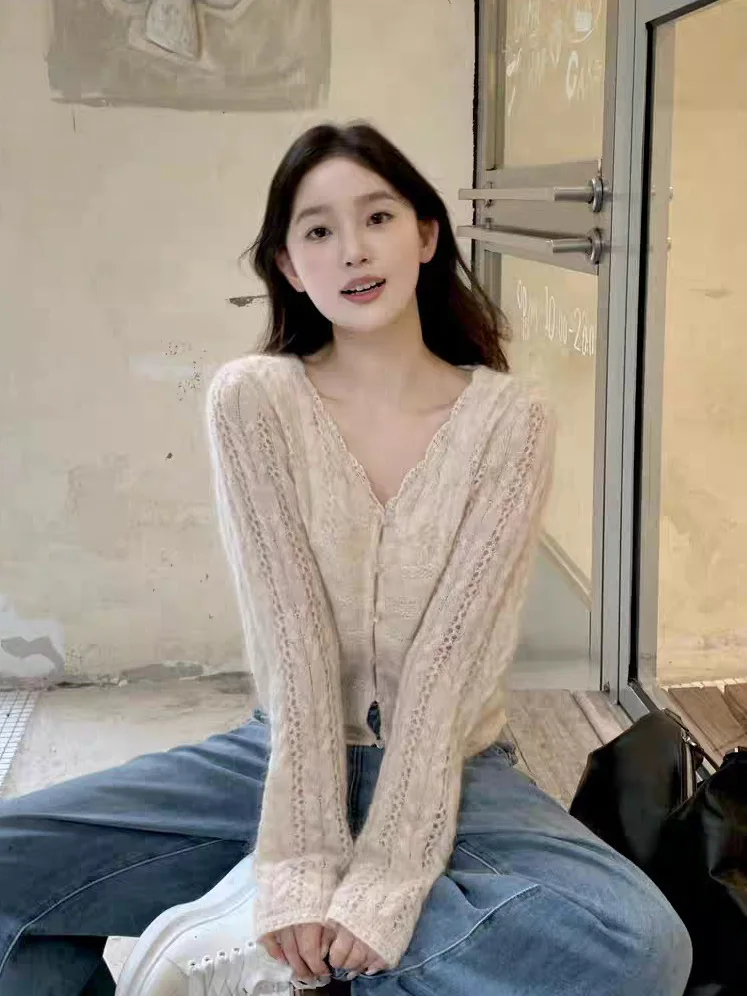 

Женский вязаный шерстяной кардиган с V-образным вырезом, весна 2026, ажурный, мягкий, удобный, с длинными рукавами, повседневный стиль