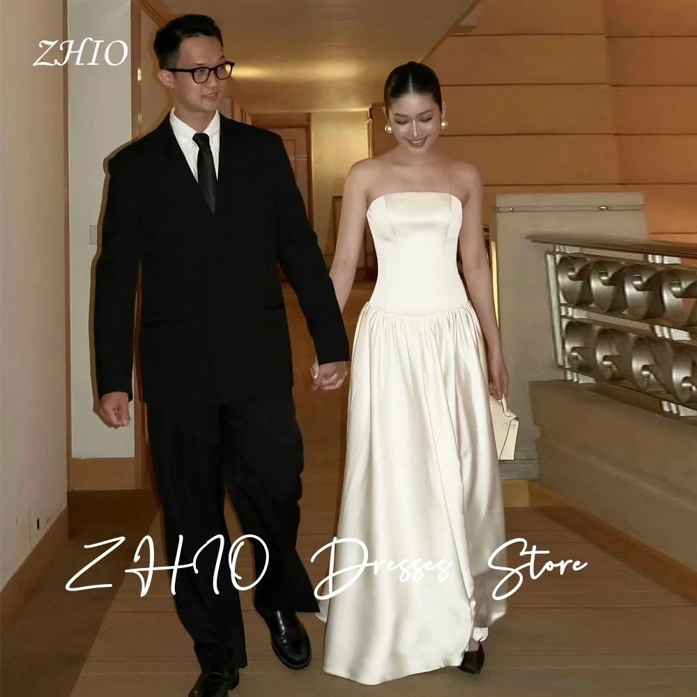 

ZHIO Elegant Draped Evening Party Dress Strapless Ivory A-Line Bow Satin Formal Occasion Prom Gown Customized Exquisite