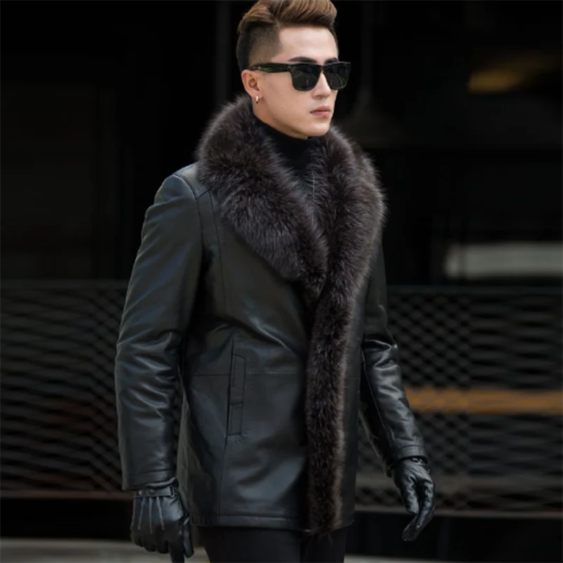 Winter Men Mid-Length Genuine Leather Coat Fur Collar Gentleman Business Warm Jacket Male Thicken Handsome Locomotive Coat