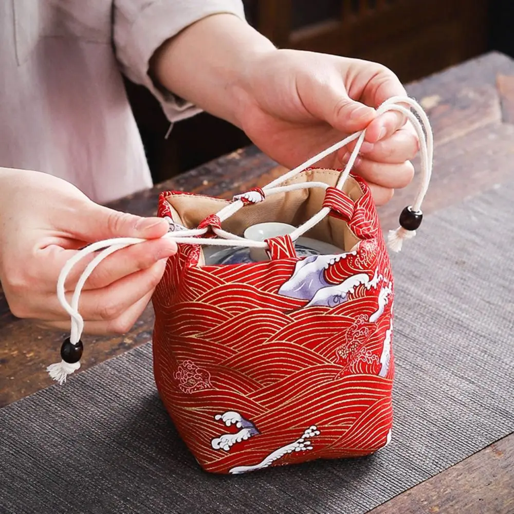 

Chinese Style Flower Drawstring Bag Canvas Chinese Style Tea Set Storage Handbag Cloud Dragon Stripe Print Wrist Bag