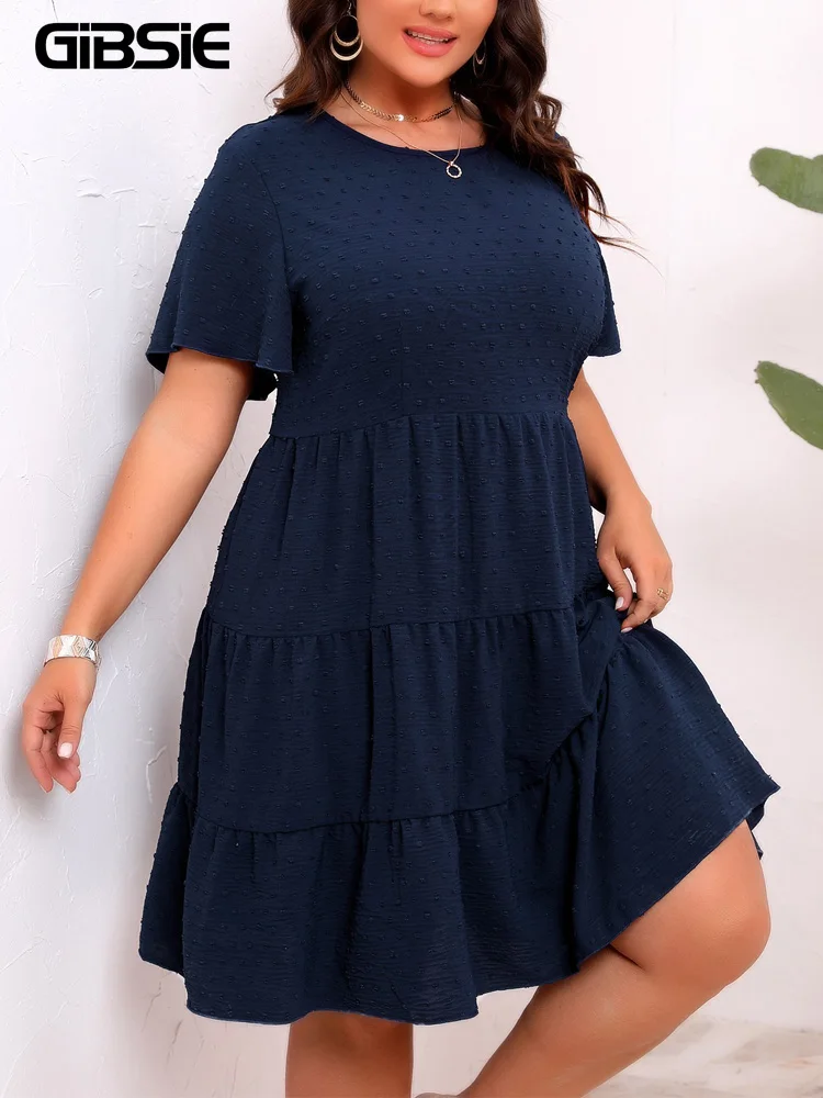 

GIBSIE Plus Size Swiss Dot Loose Ruffle Hem Dress Women Summer High Waist Boho Casual O-Neck Short Sleeve Solid Mini Dresses