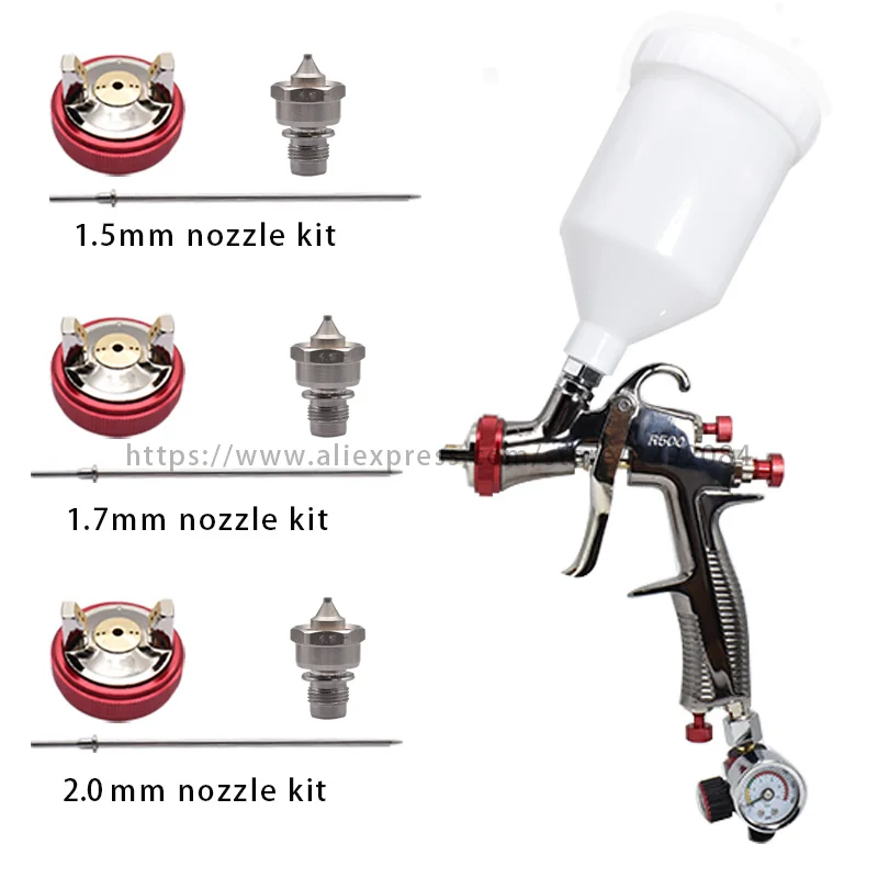 R500 Spray Gun LVLP Gravity Feed Car Painting Gun  1.3mm 1.5mm 1.7mm 2.0mm Nozzle 600cc Pressure Gauge Gravity Airbrush