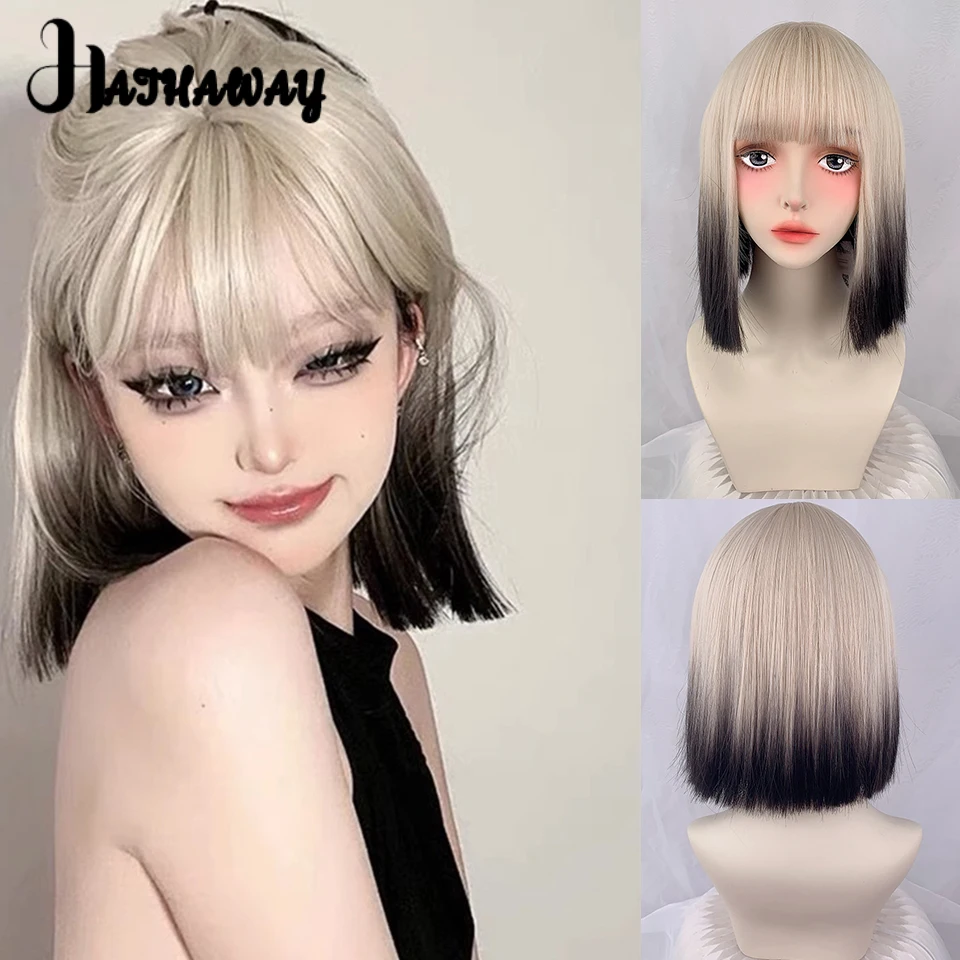 12 Inch Bangs Wig Headband Female Synthetic Highlights Black And White Gradient Wig Headband Cosplay Lolita Daily Wear