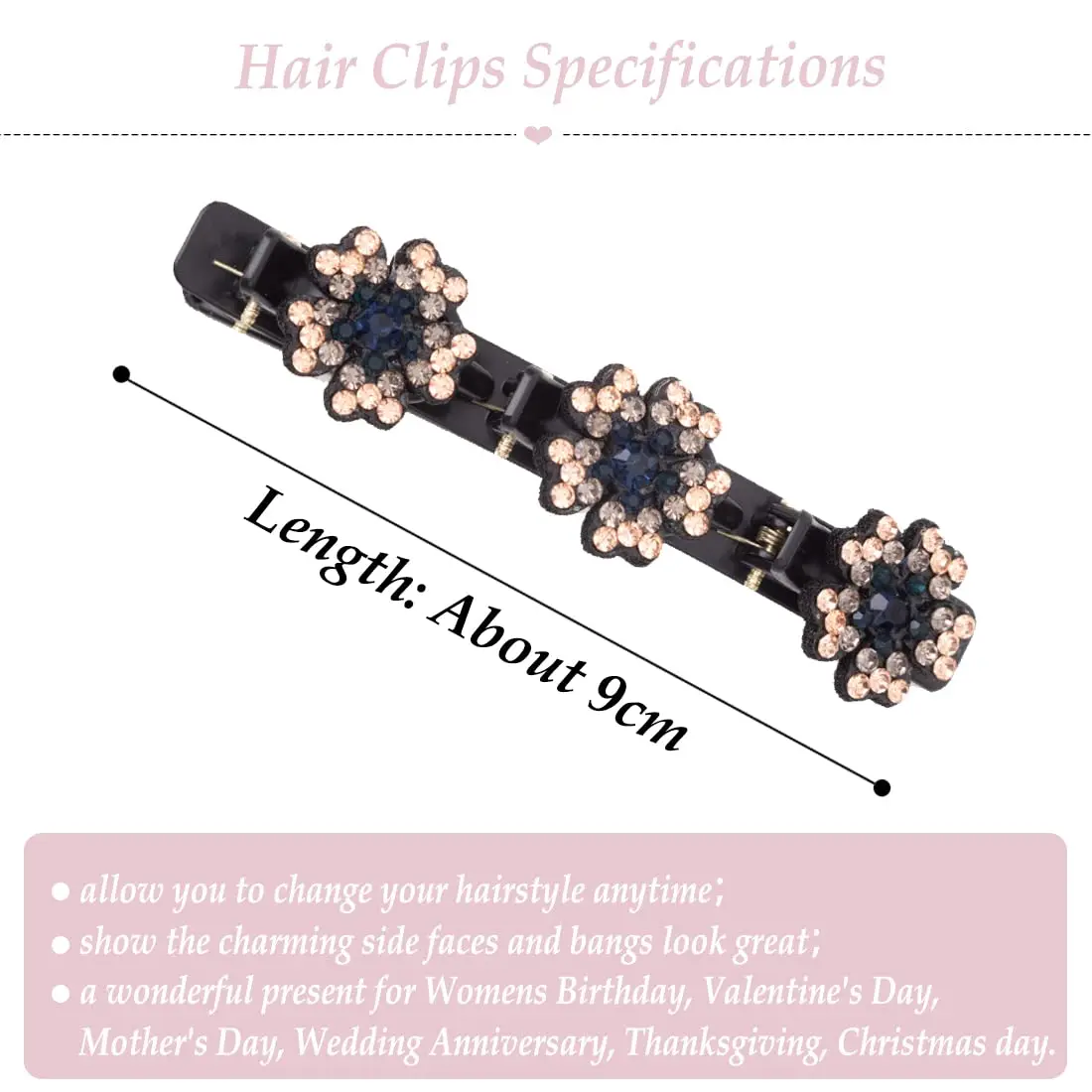 8pcs Sparkling Crystal Stone Braided Hair Clips for Thick Thin Hair, Girls / Women Hair Accessories for Styling Sectioning