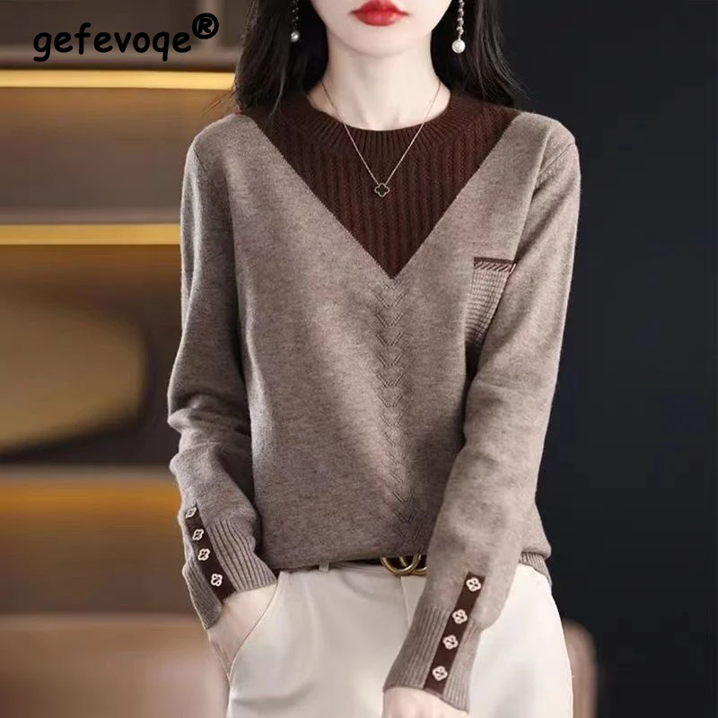 Women Clothing 2023 Autumn Winter Korean Style Patchwork Elegant Chic Knitted Sweaters Casual O Neck Long Sleeve Loose Pullovers