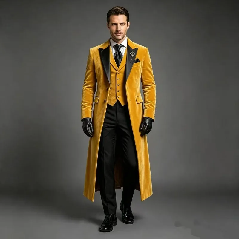 Vintage X‑Long Velvet Suits for Men 3‑Pieces Wedding Tuxedo for Groom Peak Lapel Jacket Vest Pants for Prom Evening Party Outfit