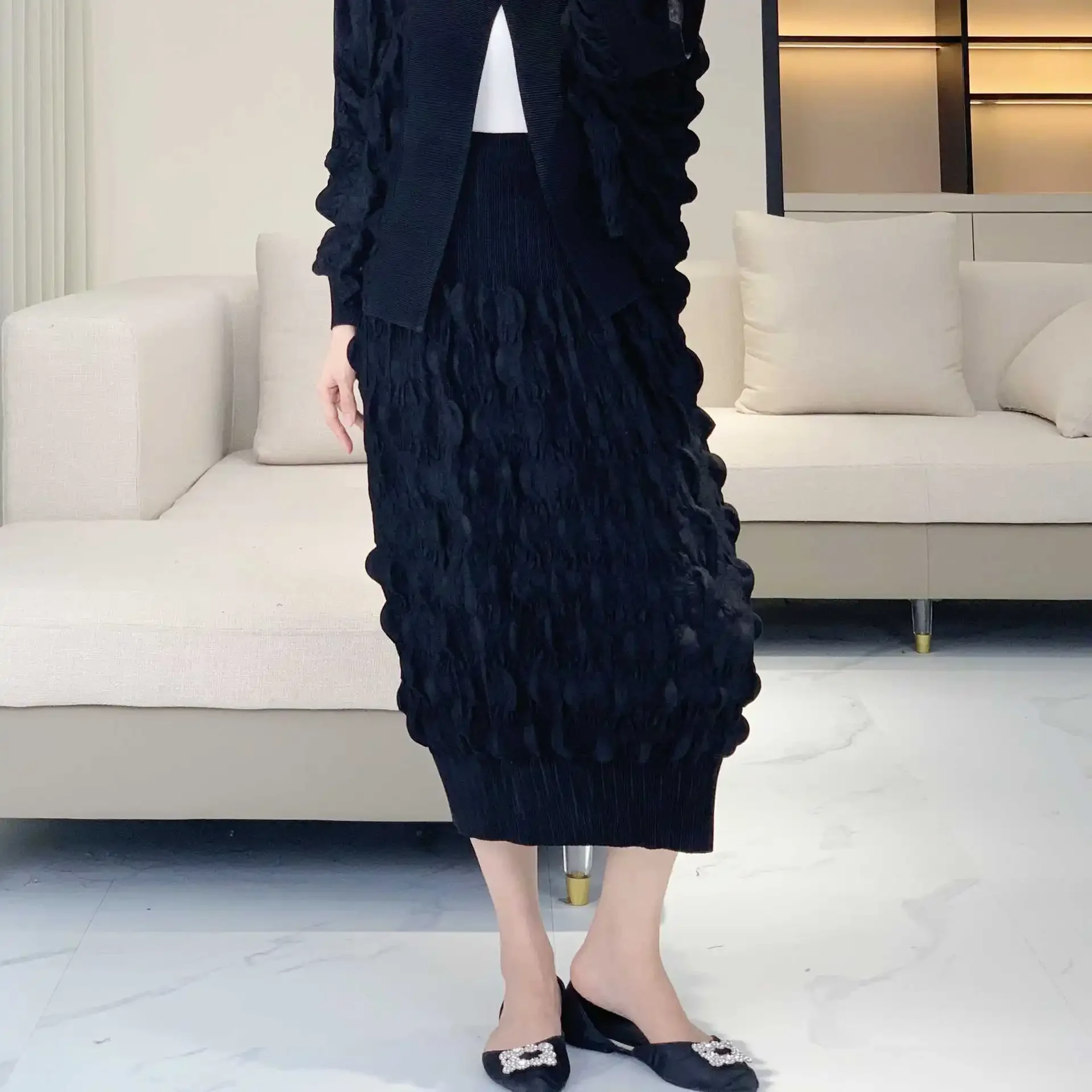 Pleats Pleated Half-skirt Commuter 2024 Fall New Versatile Half-skirt Solid Color Bubble Oceanic Wave Senior Sense Skirt