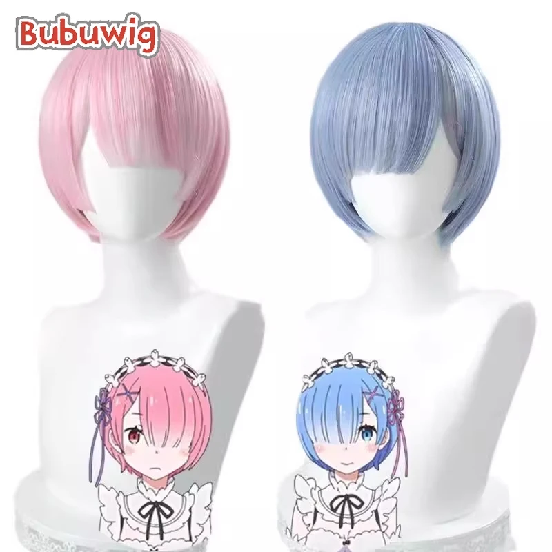 Bubuwig Synthetic Hair Rem Ram Cosplay Wigs Re:Zero − Starting Life in Another World Rem Ram 30cm Pink Blue Wig Heat Resistant