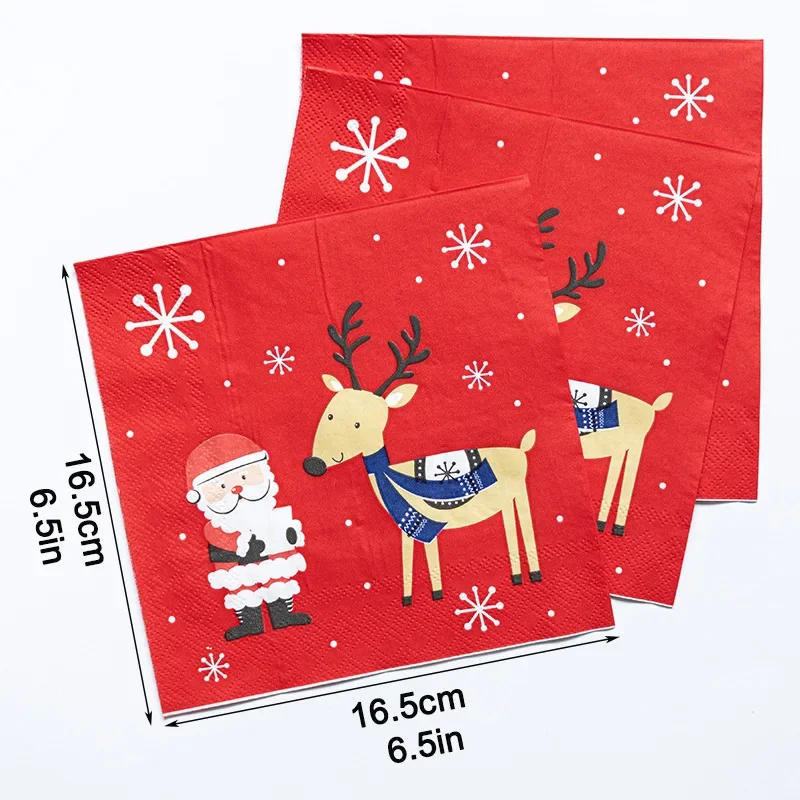 20pcs/Pac 33cm 2-Ply Red Cartoon Santa Claus and Deer Printed Napkins Christmas Party Colorful Handkerchief Square Napkins