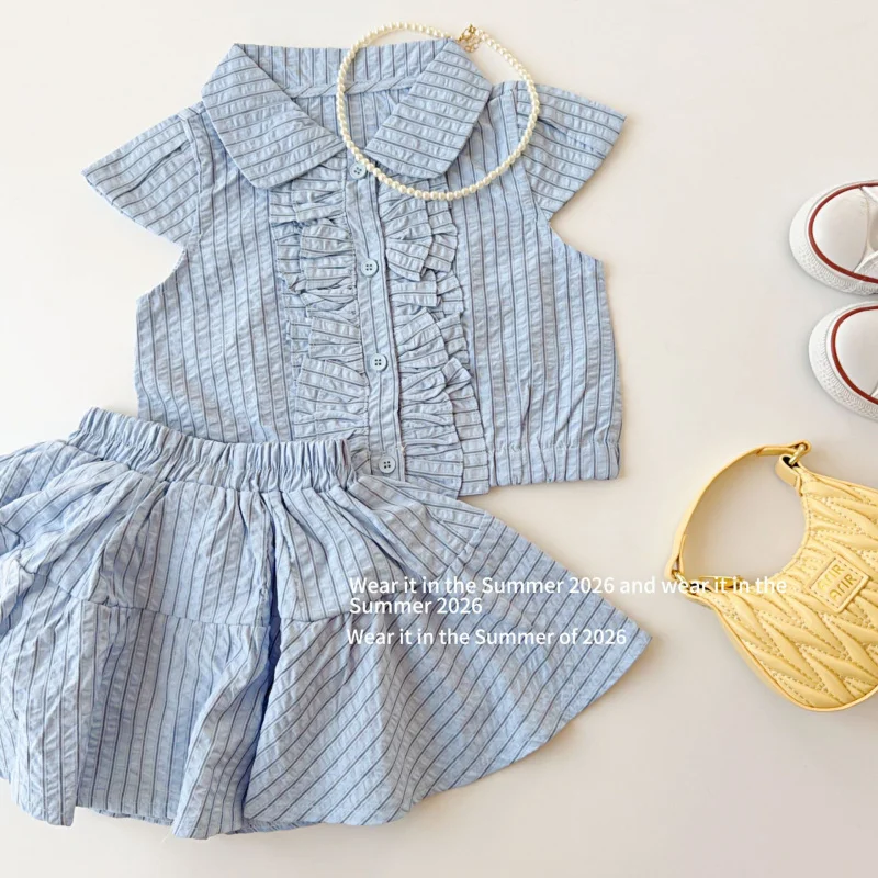 2026New summer clothing for girls, unique design, simple short-sleeved children's shirt top with ruffle and lace trim set