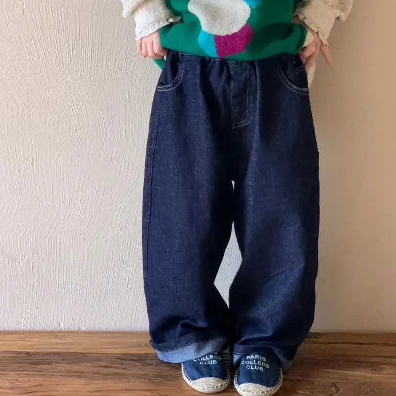 2024 Autumn New Children Loose Denim Straight Trousers Solid Baby Girls Casual Wide Leg Pants Fashion Jeans Kids Clothes