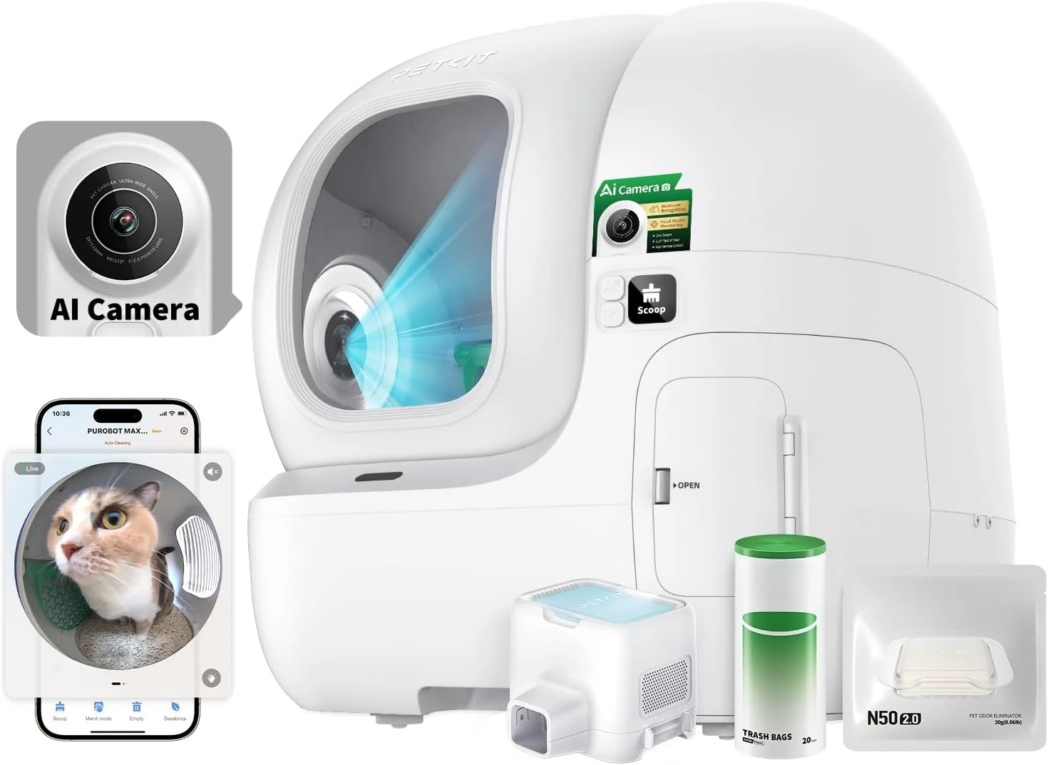 2025 صندوق فضلات القطط ذاتي التنظيف بكاميرا AI، 210 ° عدسة واسعة الزاوية للرؤية الليلية للتعرف على وجه القطط #2