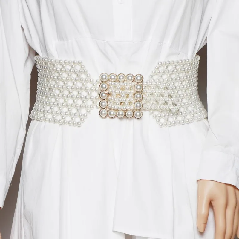 Moda donna bianco perla lavorato a maglia corsetto elastico femminile fascia da smoking cappotto cintura abito decration cintura larga J060