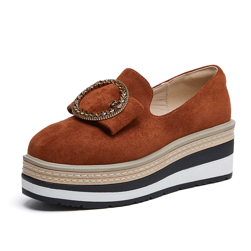 

7cm Women Creepers Brown Suede Platform Wedges Shoes Ladies Pumps Designer Round Metal Buckle Platforms High Heels Autumn Shoes