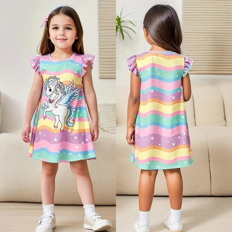 Unicorn Cartoon Print Girls Dress 2-10Y Rainbow Waves Stars Ice Silk Comfy Sleepwear Home Casual Dress For Kids‌
