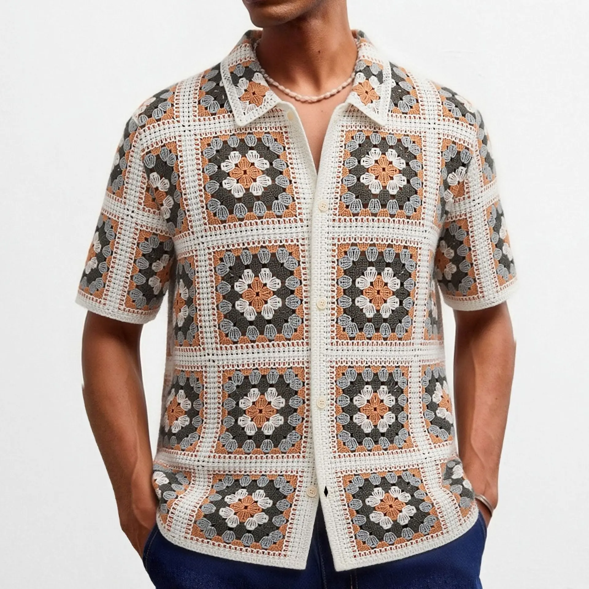 Summer European American Fashion Men Color-coded Loose Fit Turn-down Collar Hollow Out Simple Basic Casual Polo Shirts Clothes