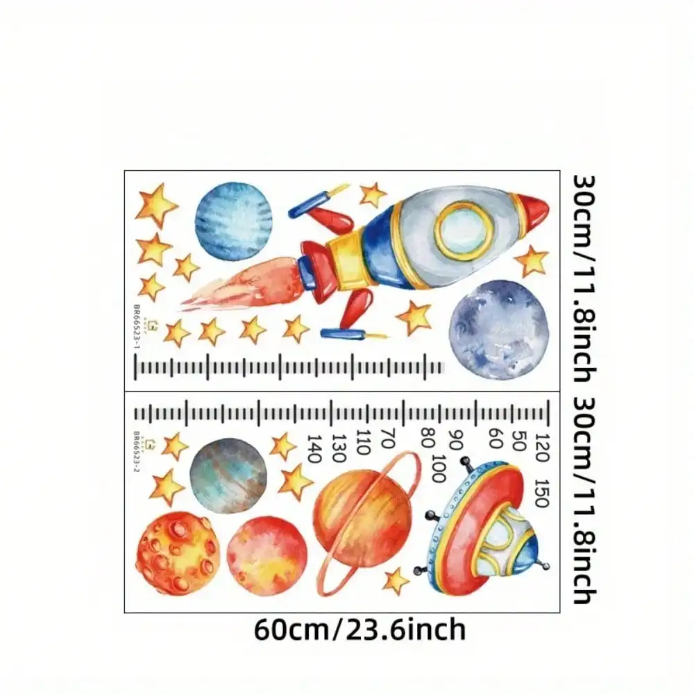 2-Sheet Kids Growth Chart Wall Decals - Removable Height & Length Tracker with Rocket, Planets, Stars & Numbered Ruler