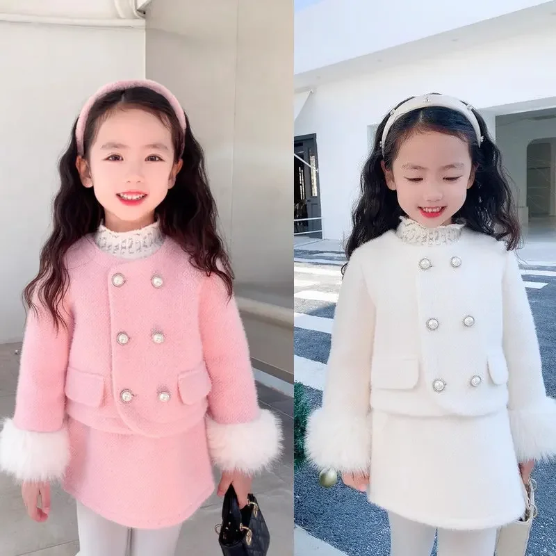 Girls Set Korean Style Solid Color Fashion Clip Cotton Plush Fashion Warm Coat Cute Skirt 2023 New Winter Clothing