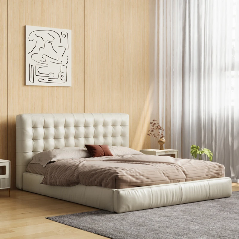 

Leather cream style Italian luxury master bedroom bed simple modern white pull-up double bed