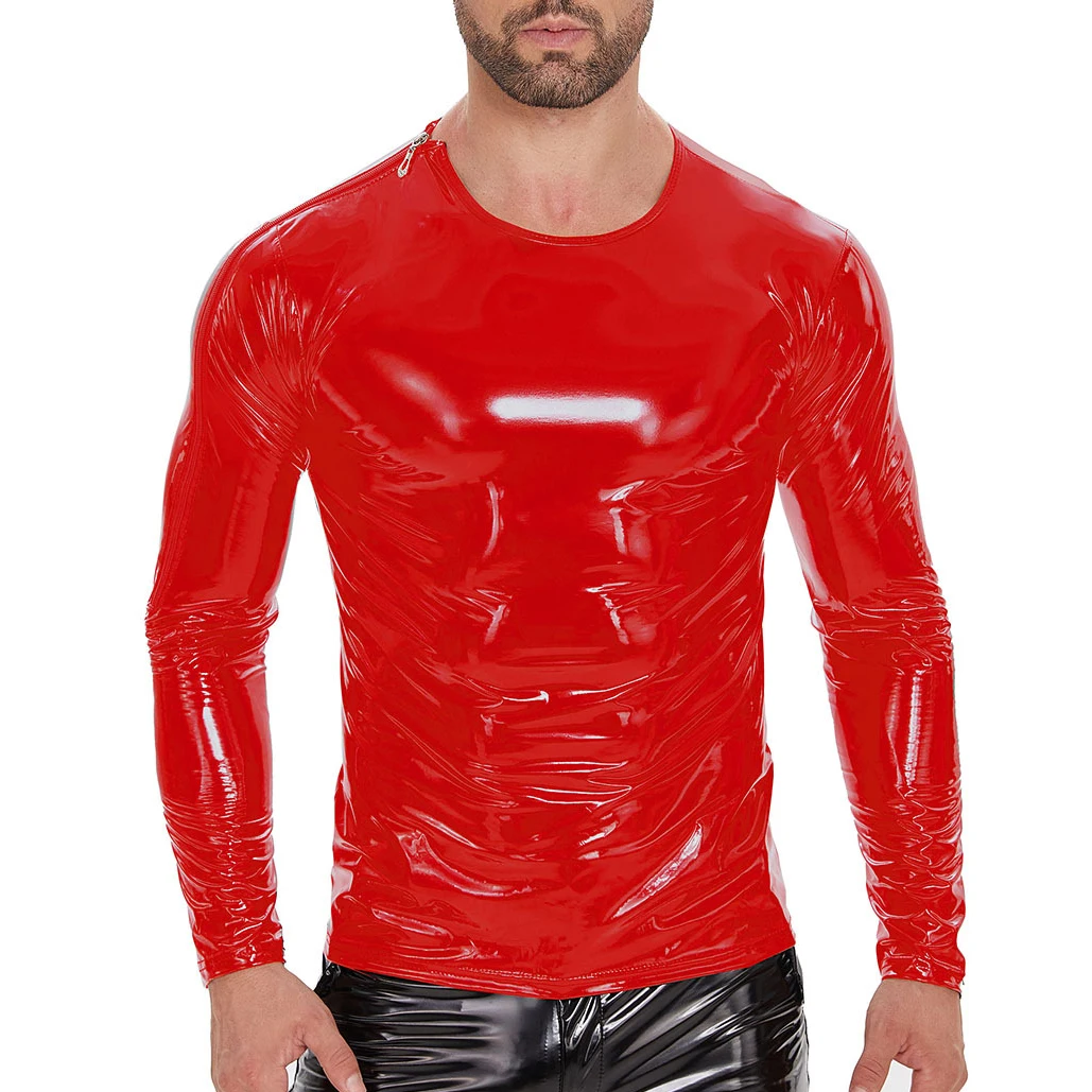 S-7XL Mens Glossy PVC Leather T-Shirts Nightclub Dance Long Sleeve Slim Tees Shiny Wetlook Casual Male Party Clubwear Latex Tops