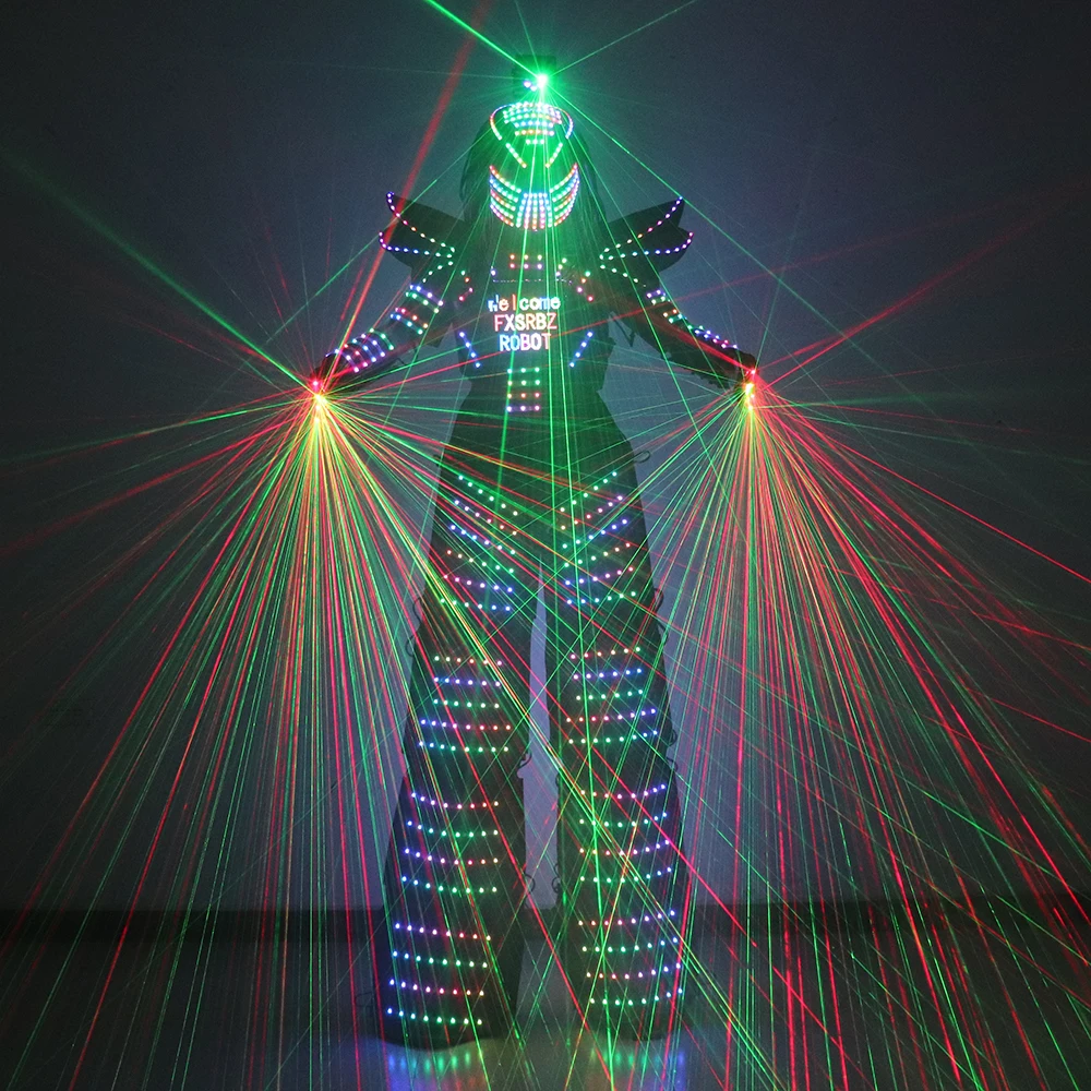 

Full Color LED Robot Costume Suit Stills Walker Jacket With Laser Gloves Digital Screen DIY Text LOGO Predator Lighted Helmet