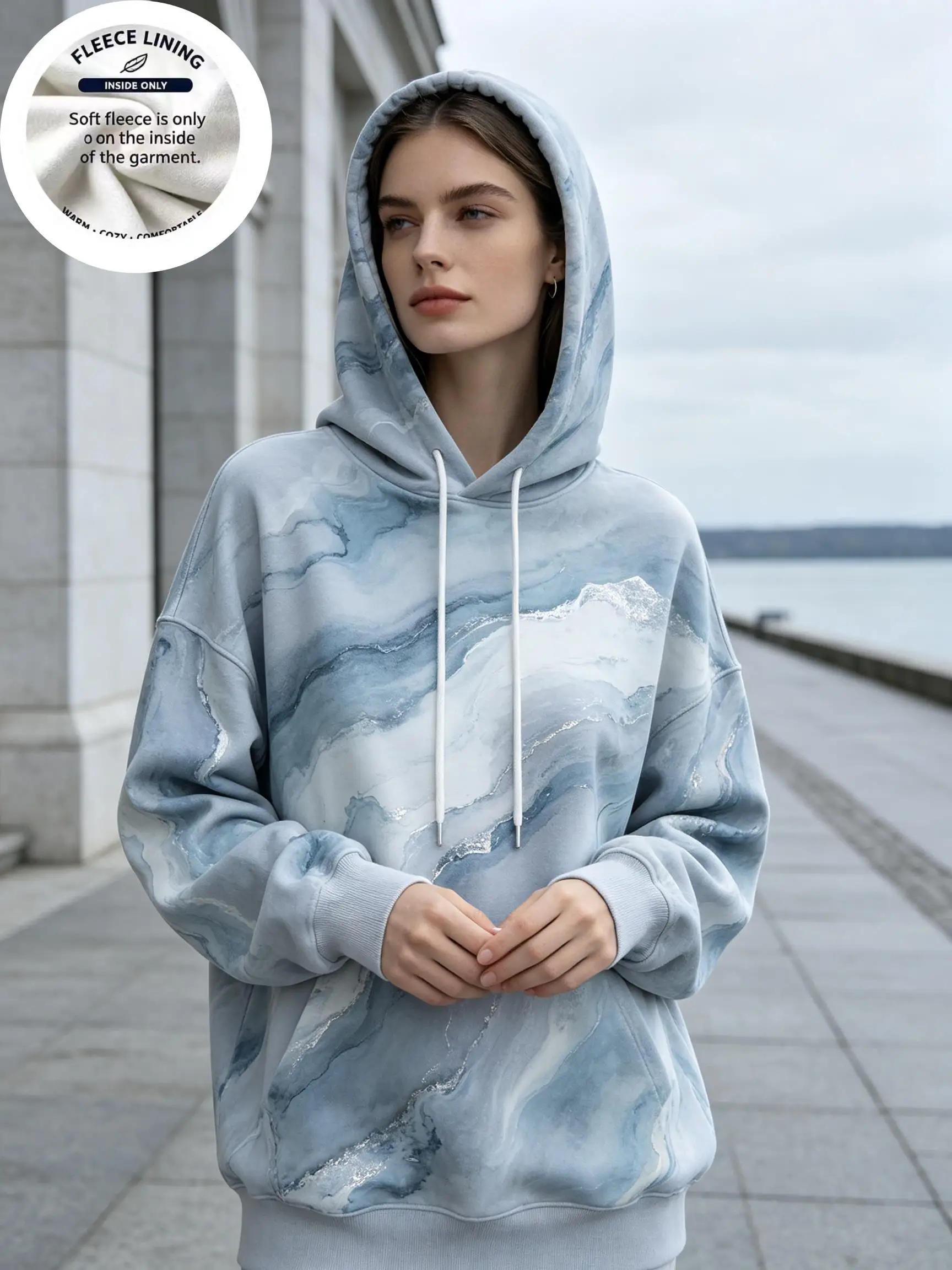 Women Cool Tone Liquid Marble Fleece Hooded Sweatshirt, Gradient Blue Swirl Allover Print Casual Hoodie