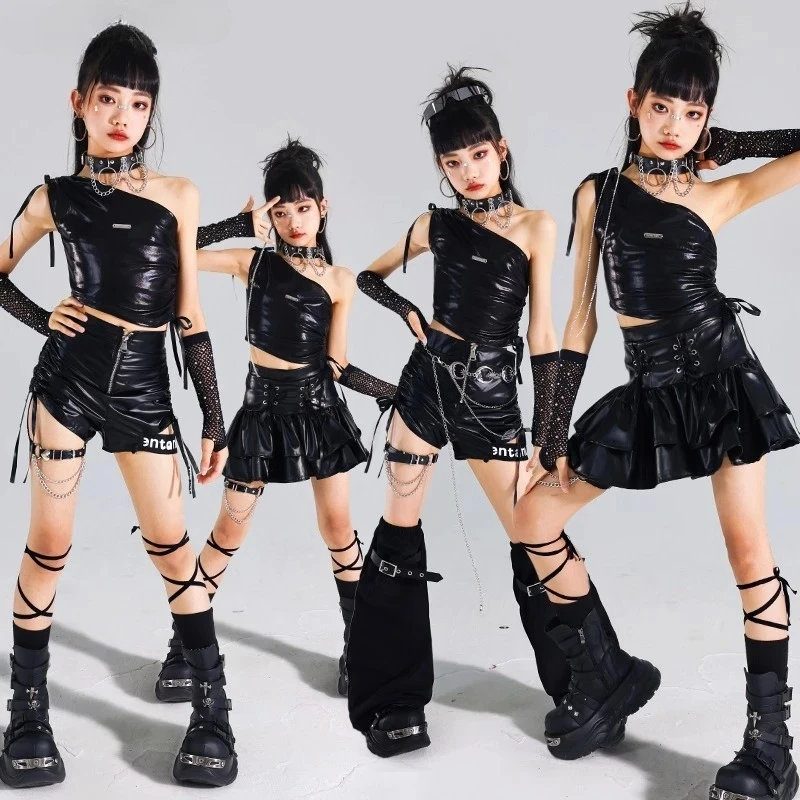 

Girls K-pop Shiny Crop Top Skirts Street Dance Cargo Pants Kids Hip Hop Jazz Girl Group Clothes Sets Children Streetwear Costume