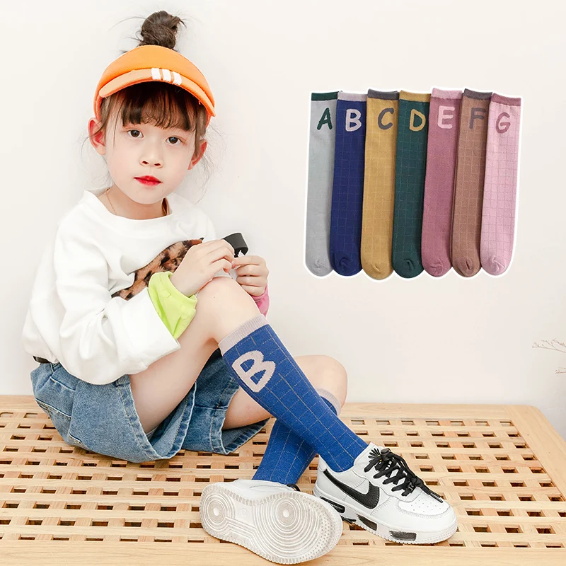 Sweet Girls Multi Color Knee High Socks With Plaid Pattern Cuff Printed English Letter Elastic Breathable Skin-Friendly Hosiery