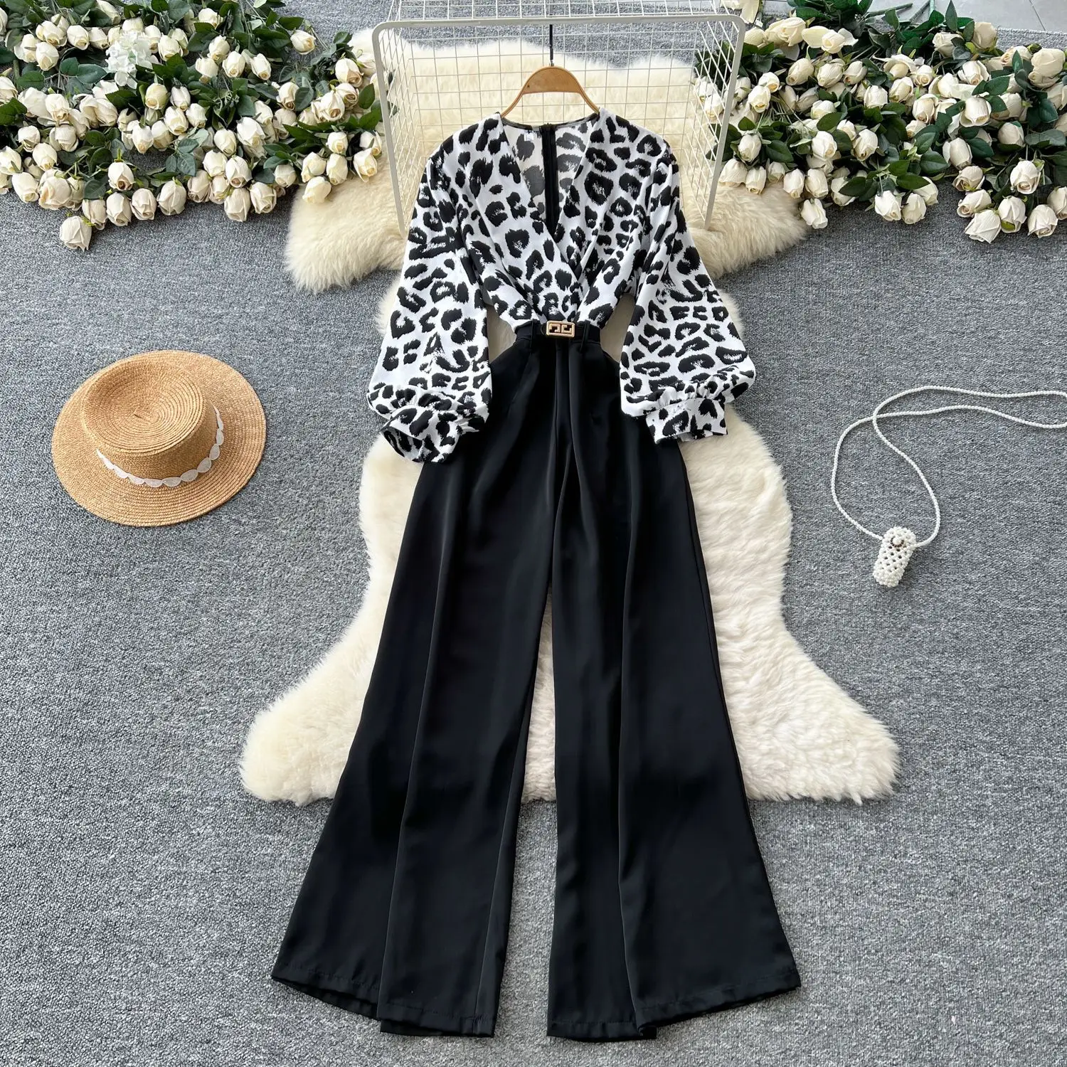 

Women Leopard Jumpsuits One Piece Puff Sleeve V Neck Rompers Overalls Wide Leg Pants High Waist Elegant Streetwear Autumn