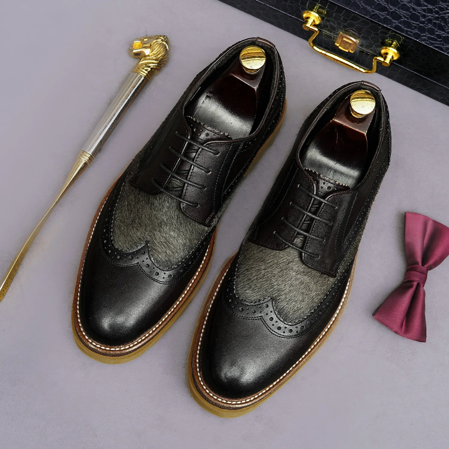 Men's Oxfords Brogues Shoes Genuine Leather Horse Hair Patchwork Thick Sole Lace Up Shoes Elevator Height Increasing Footwear