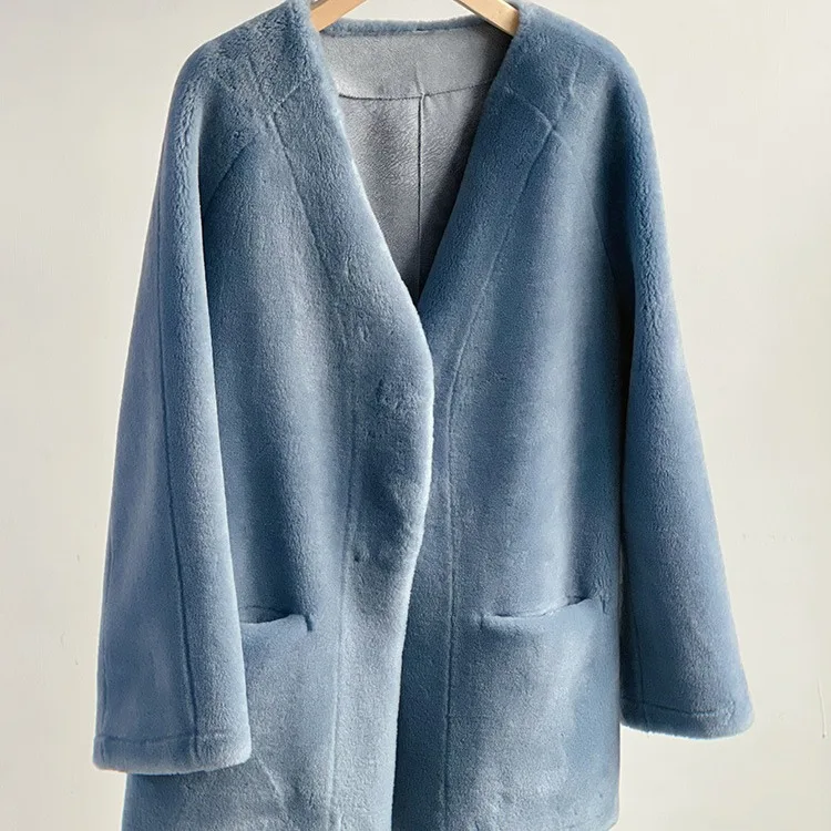 2024 Fashion Hundreds of Glacier Blue Suede Jacket Wool Faux Fur Double Button V Neck Simple Warm Jacket Free Shipping