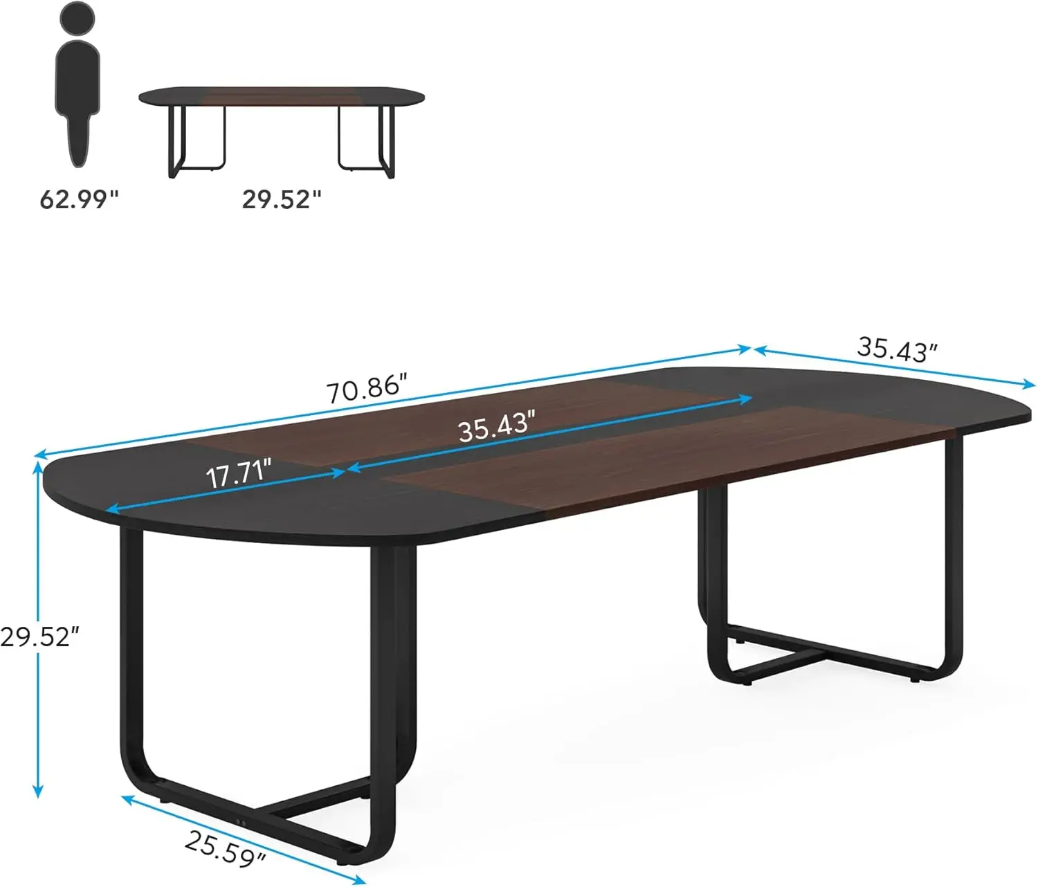 70.86 Inches 6FT Oval Conference Table, Two-Tone Finish Curved Meeting Tables for Office, (Walnut+Black)