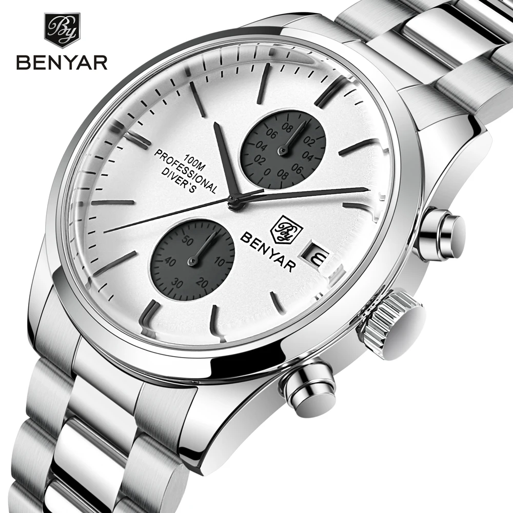 2023 New BENYAR Mens Quartz Watches Top Brand Luxury Sport Chronograph Watch For Men Military Waterproof Stainless Steel Relogio