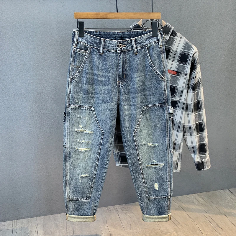 الأمريكية Sle الرجال عارضة فضفاض مستقيم الساق الجينز حفرة اللكم خمر العصرية العلامة التجارية عمال السراويل الطويلة الخريف الربيع #1