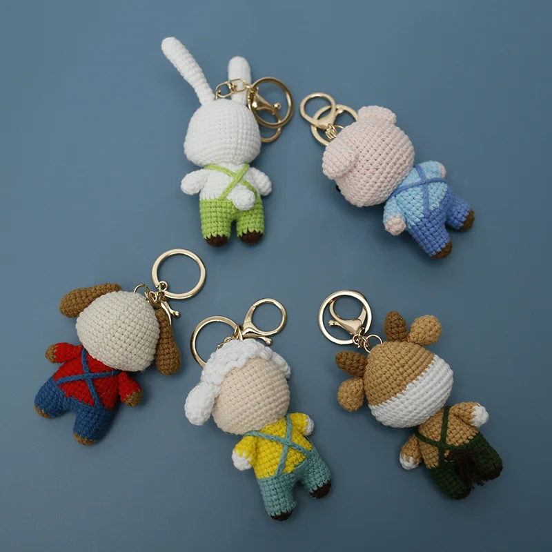 Handmade Crochet Farm Animal Keychain, Cow Dog Rabbit Pig Sheep Overalls Amigurumi Bag Pendant Gift