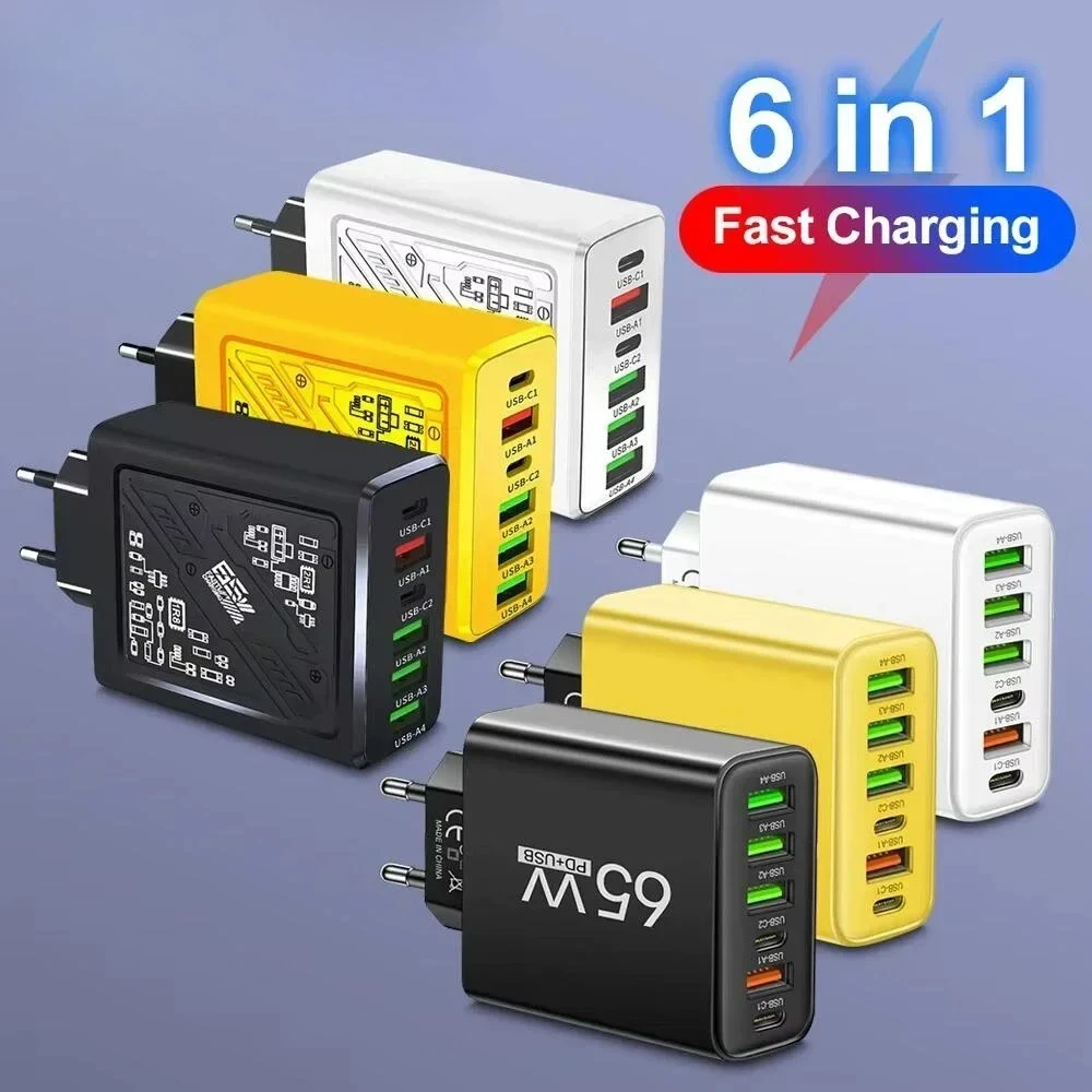 65W 6 in 1 USB Charger Multi Ports Type C Fast Charging Phone Adapter For iPhone Samsung Xiaomi Huawei EU/US Plug Wall Charger