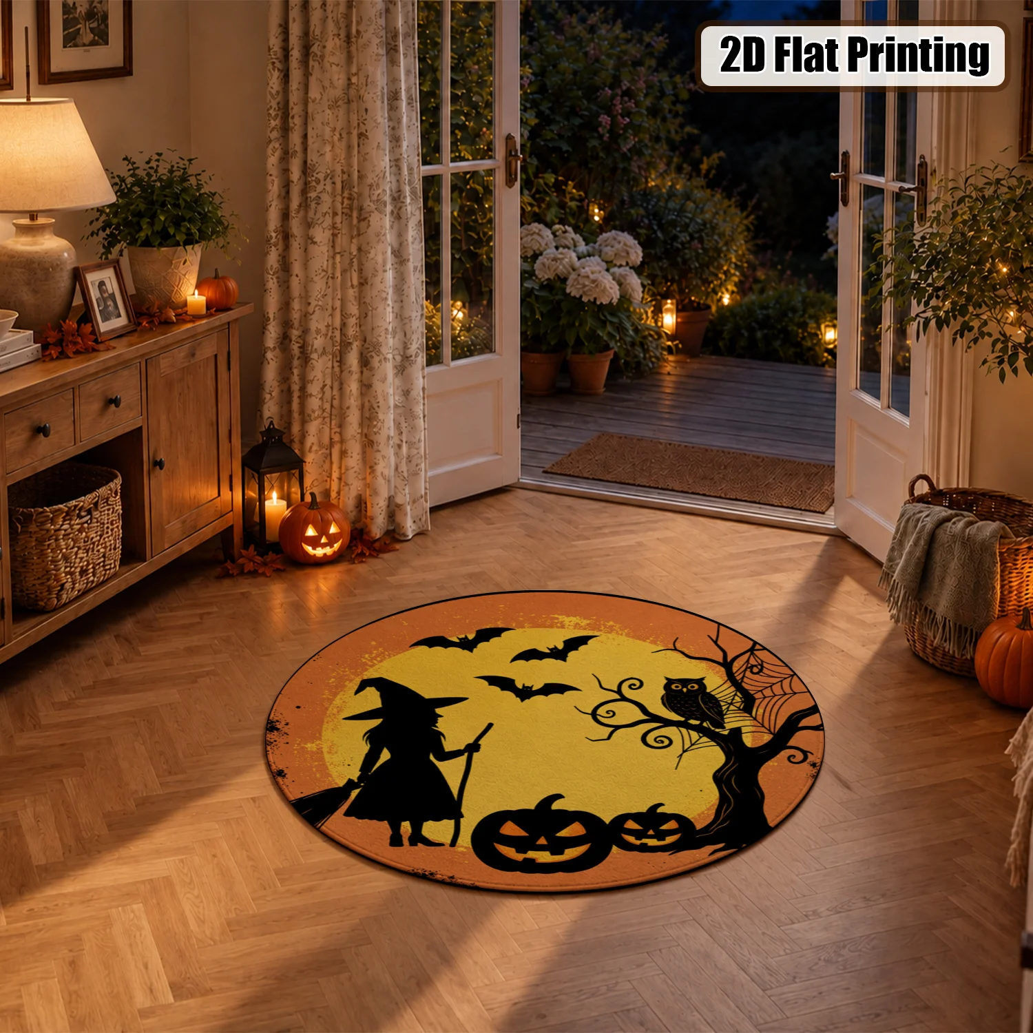 Halloween Witch Bat Pumpkin Owl Silhouette Round Velvet Area Rug, Machine Washable Stable Floor Mat for Living Room, Bedroom, Entryway, Halloween Thanksgiving Black Friday Cyber Monday Christmas New Year Home Decor