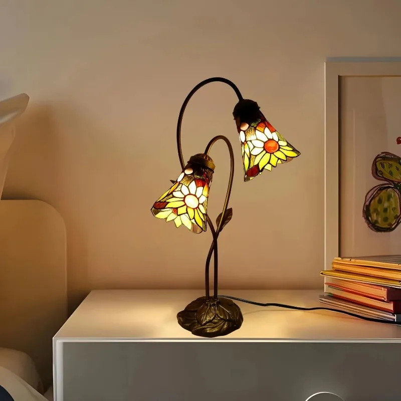 Table lamp double head table lamp sunflower stained glass lamp bedroom living room home office