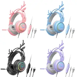 Wired Gaming Headset with Rotatable Microphone Detachable Antlers Earphones Stereo Computer Gaming Headphone for Laptop Tablet