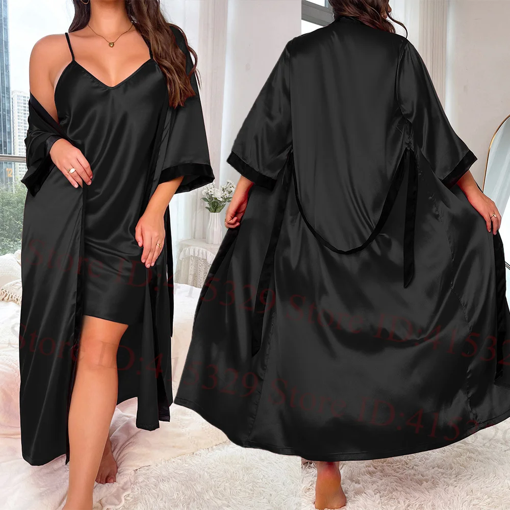 Big Size 3Xl 4Xl 5Xl Nighty&robe Set Loose Nightgown Women Satin Homewear Sexy Chemise Sleepwear Lingerie 2Pcs Kimono Bathrobe