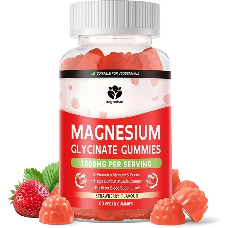 Glycine Magnesium Soft Candy - Sugar free Magnesium Potassium Supplement with Coenzyme Q10-60 Strawberries Flavor