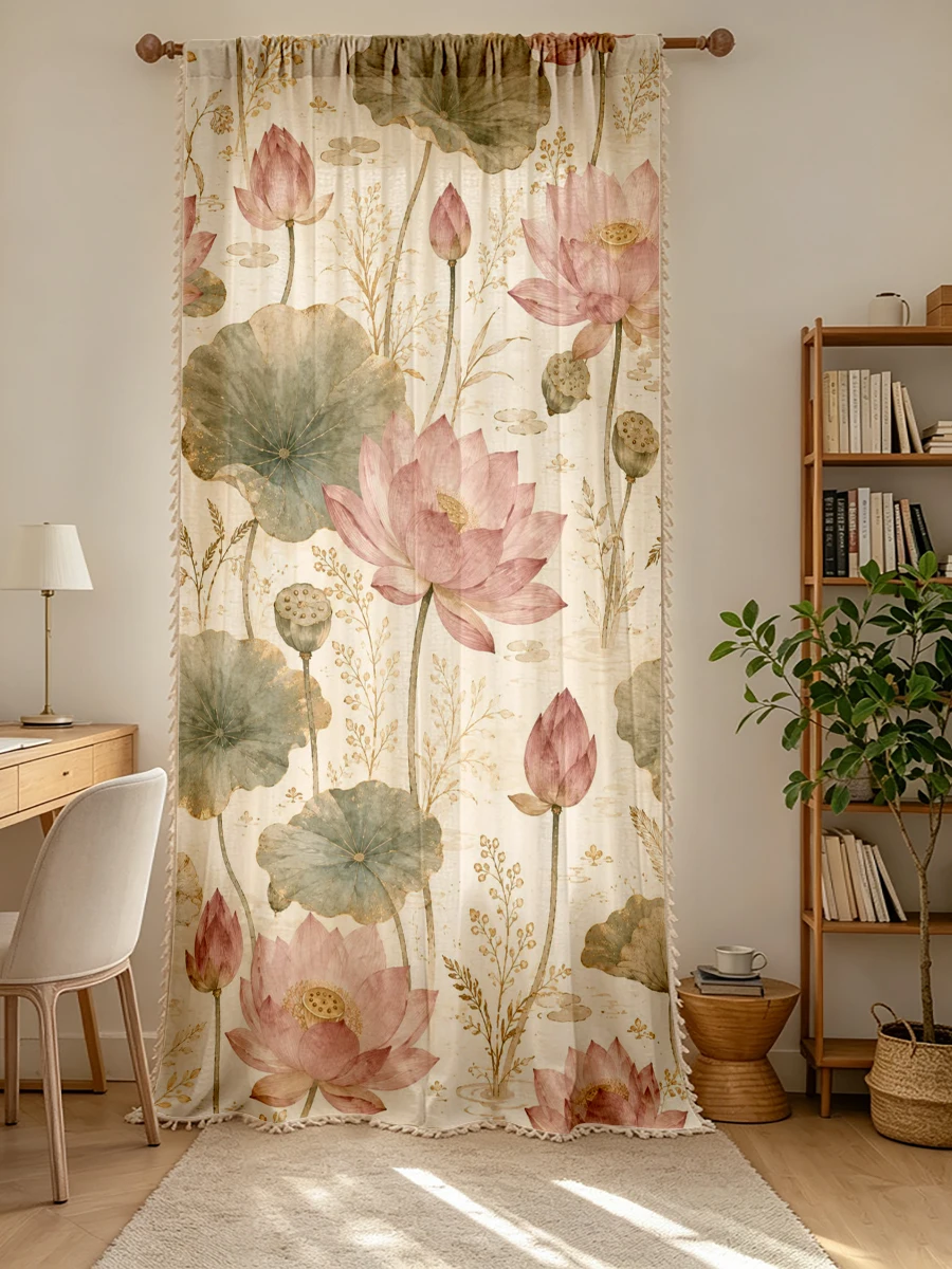1PC Floral Tassel Sheer Curtains, Pink Lotus, Digital Print, Linen Polyester, Bedroom Living Room, Rod Pocket, Home Decor