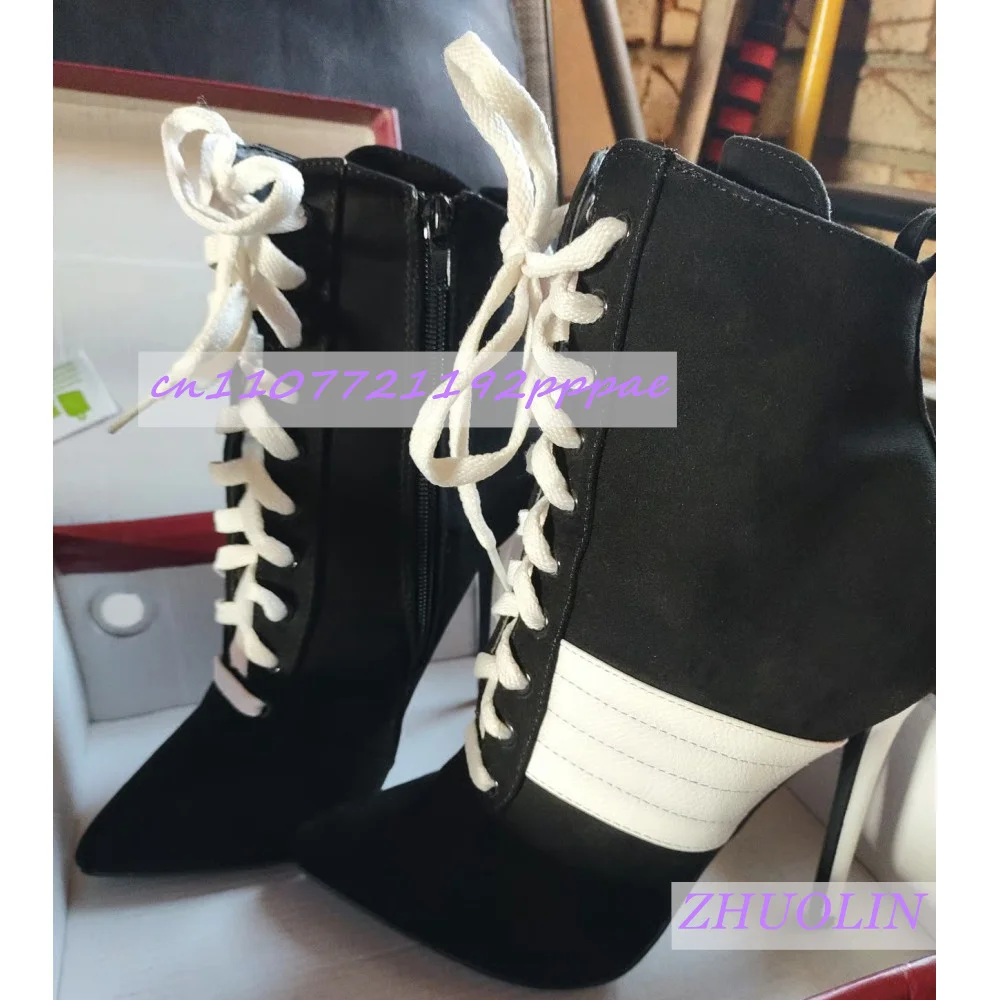 Women'S Black And White Stiletto Boots Suede Patchwork Cross-Strap Pointed-Toe Boots Fashionable Luxury Casual Runway Shoes 46