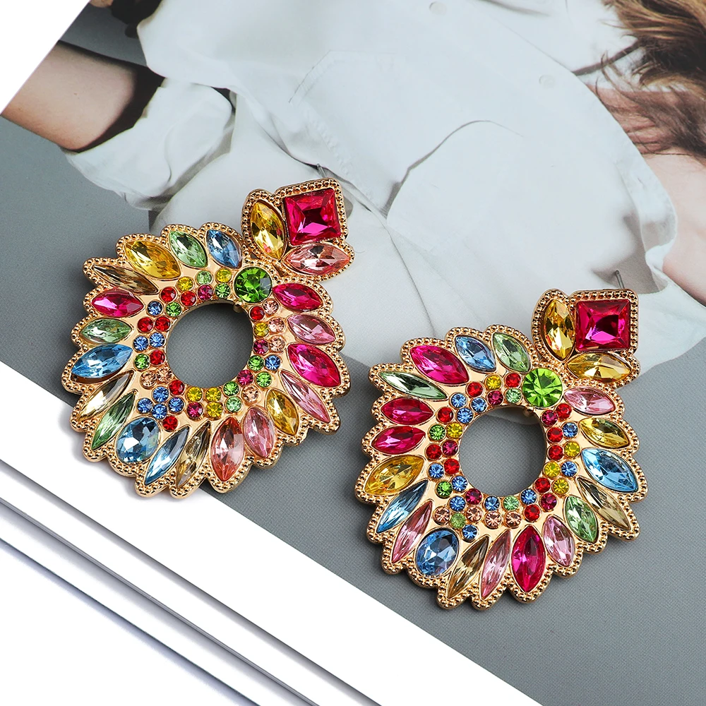 Charm Multicolored Crystal Big Dangle Drop Earrings For Women Trendy Vintage Luxury Chandelier Pageant Prom Pendant Jewelry Gift