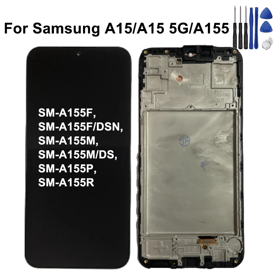 Super AMOLED A15 A155F Display For Samsung A15 5G A156B, SM-A156P SM-A156U LCD Display Touch Screen Digitizer with Frame